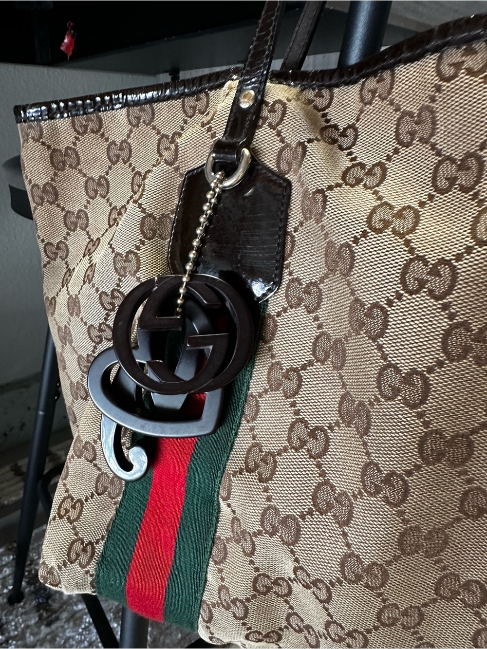 AUTHENTIC Vintage Gucci Brown Monogram Tote Green & Red Web Stripes & COA - Picture 3 of 11